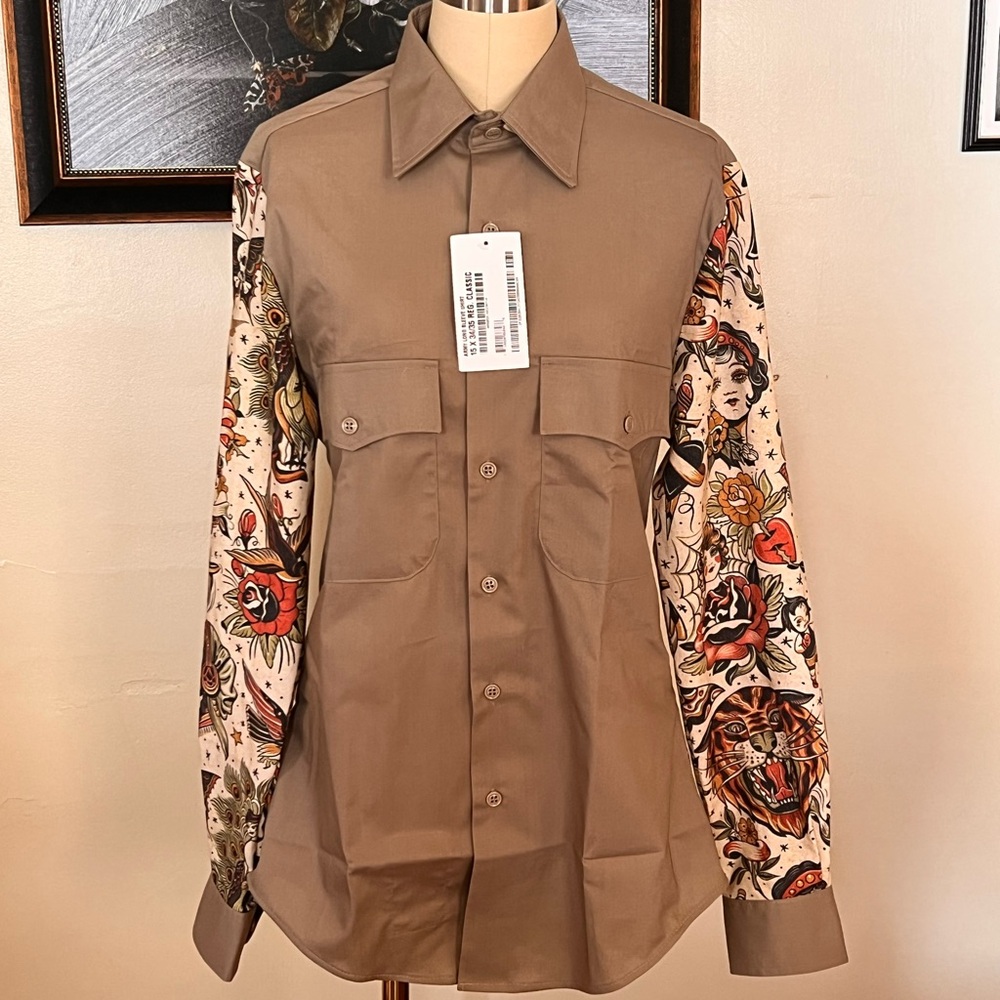 Men's Tan and Multicolor Graphic Sleeve Shirt